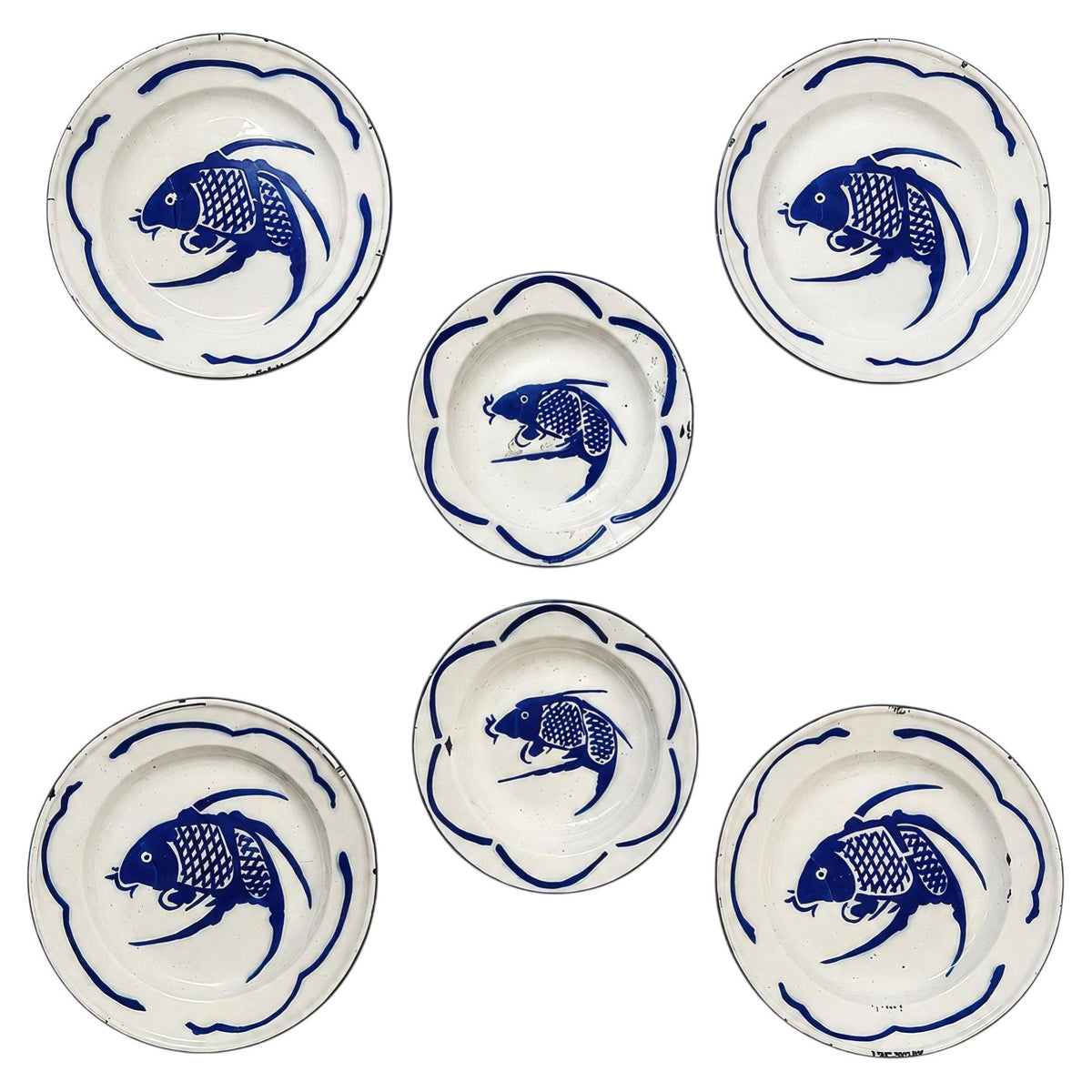 Vintage Set of Six Chinese Enamelware Plates with Blue and White Koi Fish Design