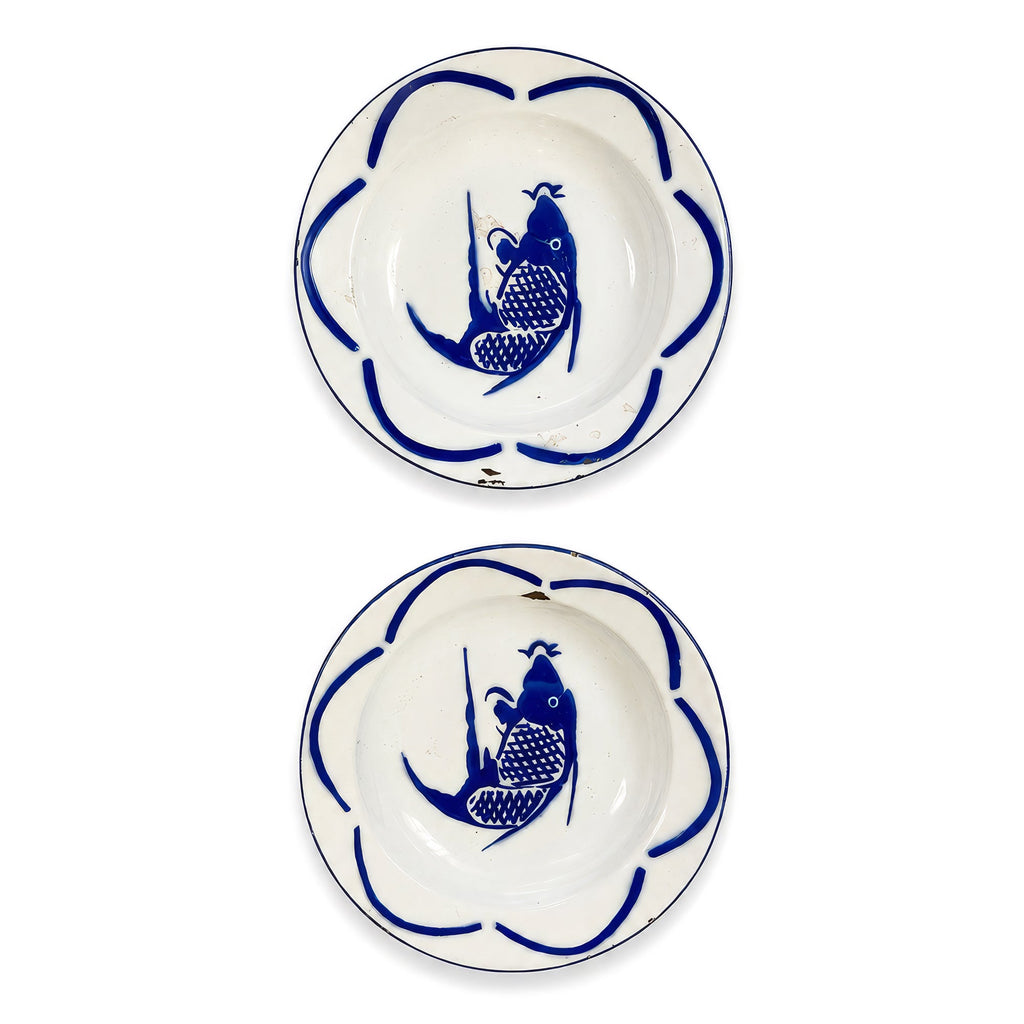 Vintage Set of Six Chinese Enamelware Plates with Blue and White Koi Fish Design