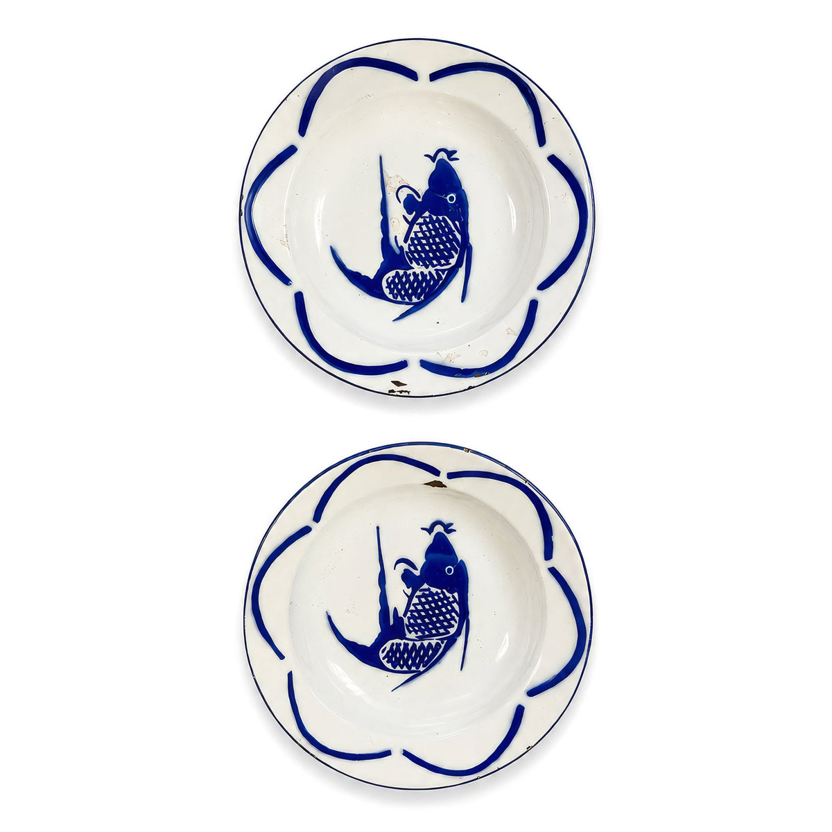 Vintage Set of Six Chinese Enamelware Plates with Blue and White Koi Fish Design