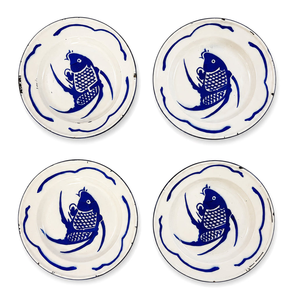 Vintage Set of Six Chinese Enamelware Plates with Blue and White Koi Fish Design