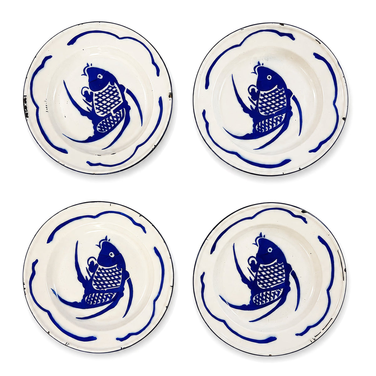 Vintage Set of Six Chinese Enamelware Plates with Blue and White Koi Fish Design