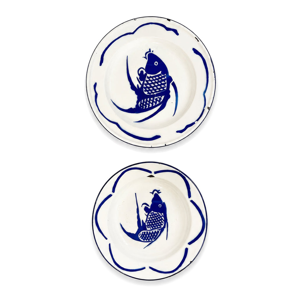 Vintage Set of Six Chinese Enamelware Plates with Blue and White Koi Fish Design