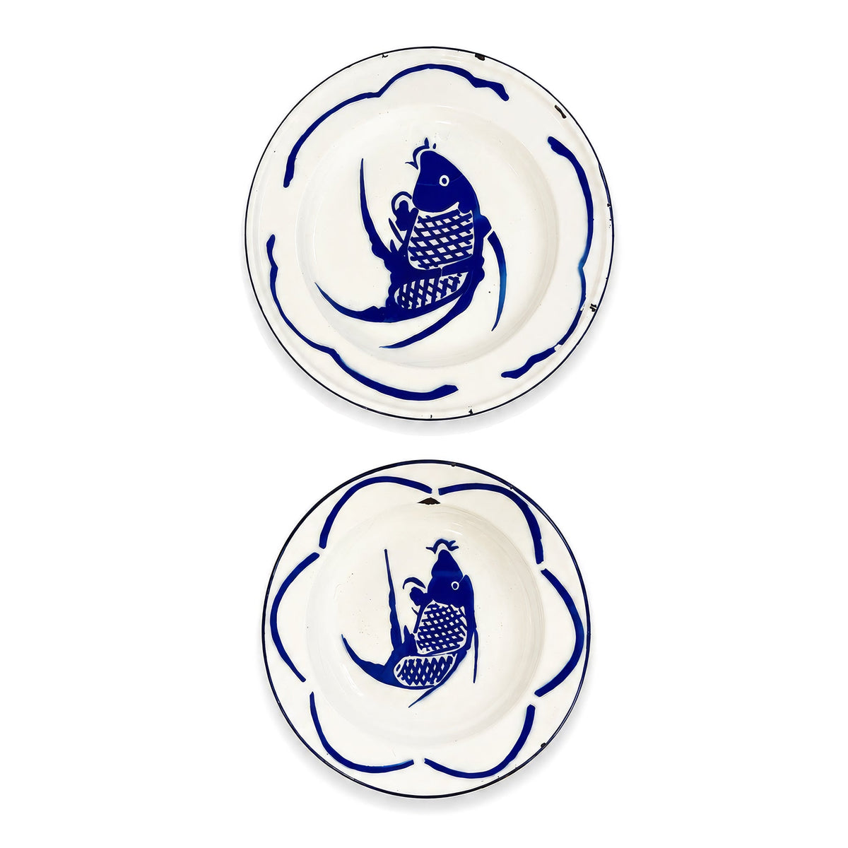 Vintage Set of Six Chinese Enamelware Plates with Blue and White Koi Fish Design