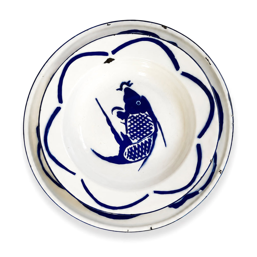 Vintage Set of Six Chinese Enamelware Plates with Blue and White Koi Fish Design