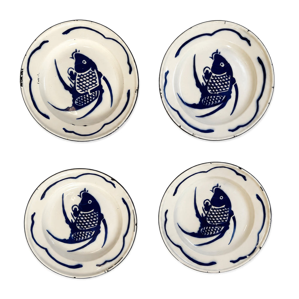 Vintage Set of Six Chinese Enamelware Plates with Blue and White Koi Fish Design