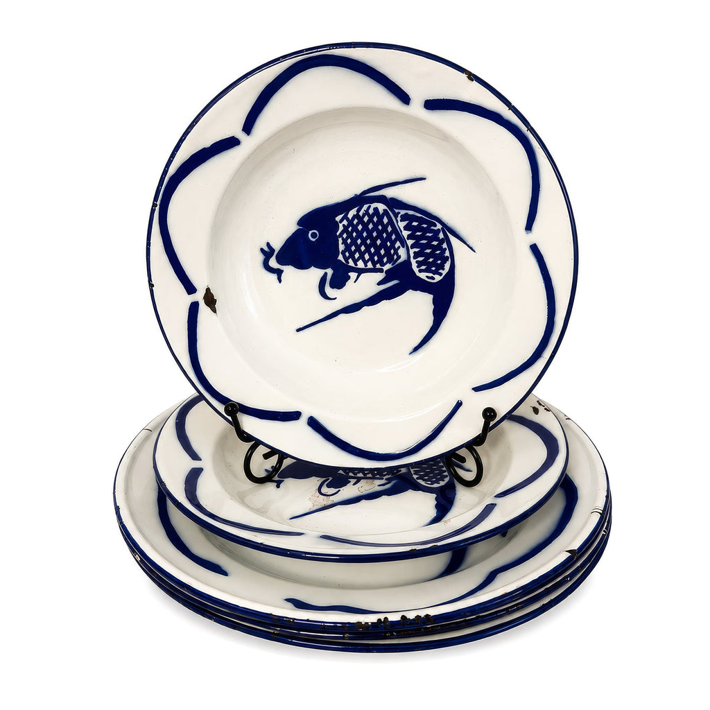 Vintage Set of Six Chinese Enamelware Plates with Blue and White Koi Fish Design