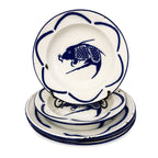 Vintage Set of Six Chinese Enamelware Plates with Blue and White Koi Fish Design