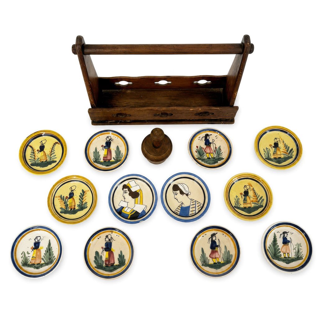 Antique Quimper Porcelain Butter Pats Set with Caddy and Doilies