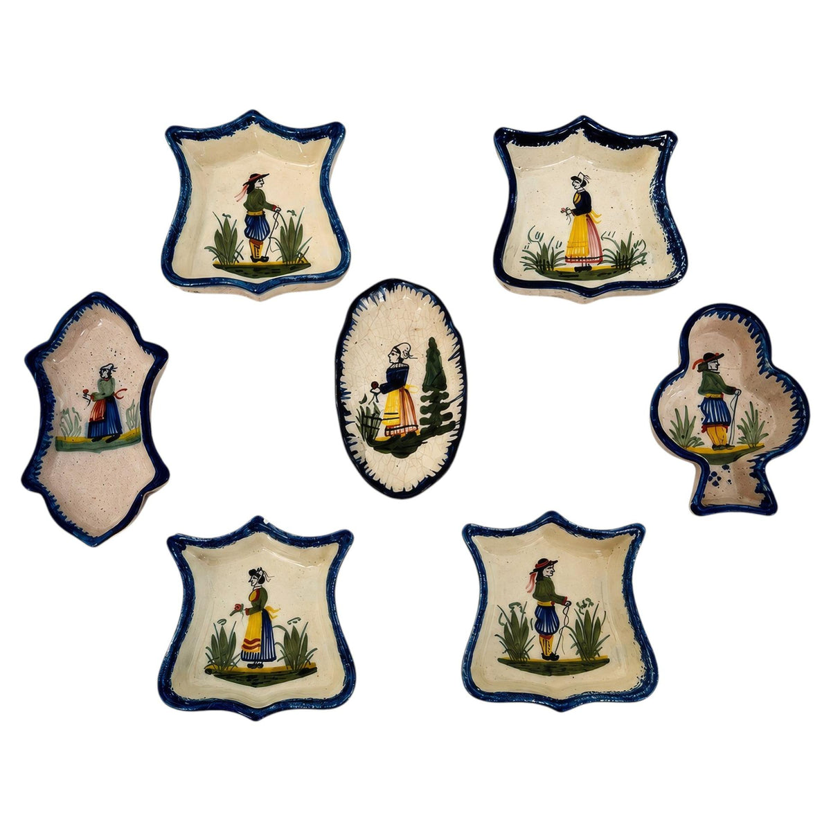Vintage Set of 7 Henriot Quimper Breton Faience Trinket Dishes