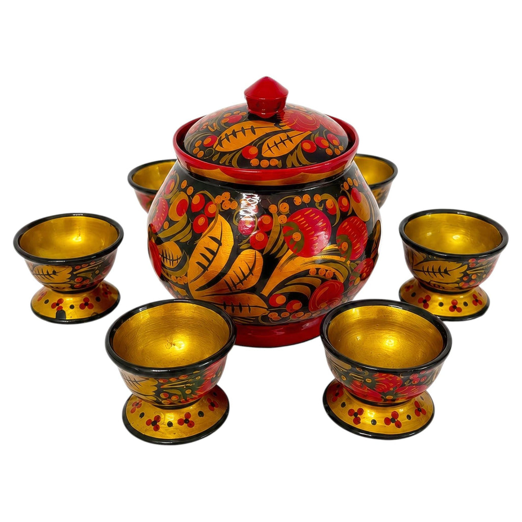 Vintage Russian Khokhloma Hand-Painted Lacquered Wood Salt Cellar and Dip Set, 7