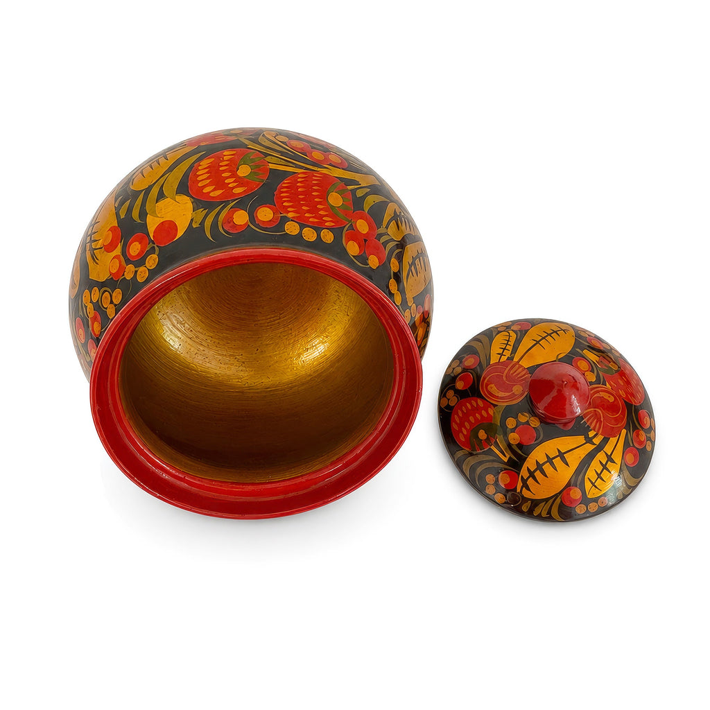 Vintage Russian Khokhloma Hand-Painted Lacquered Wood Salt Cellar and Dip Set, 7