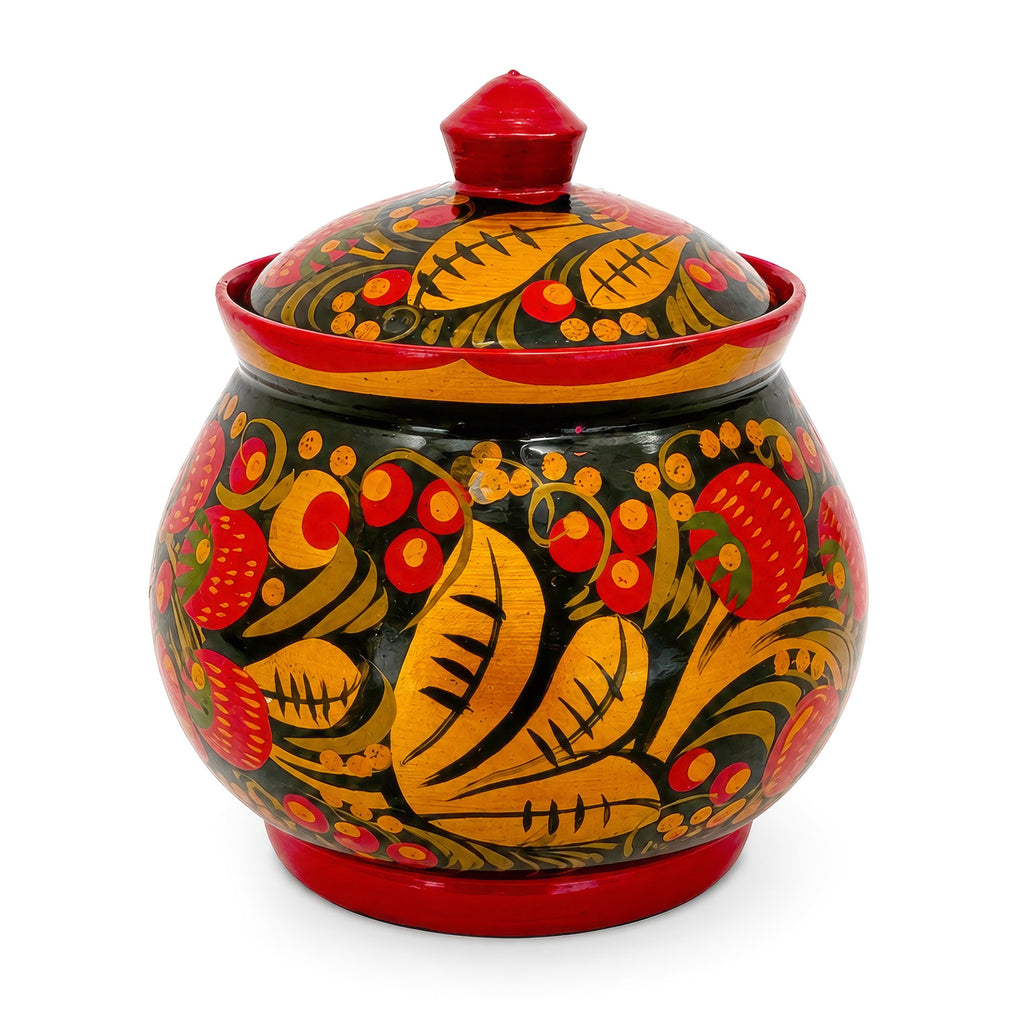 Vintage Russian Khokhloma Hand-Painted Lacquered Wood Salt Cellar and Dip Set, 7