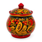 Vintage Russian Khokhloma Hand-Painted Lacquered Wood Salt Cellar and Dip Set, 7