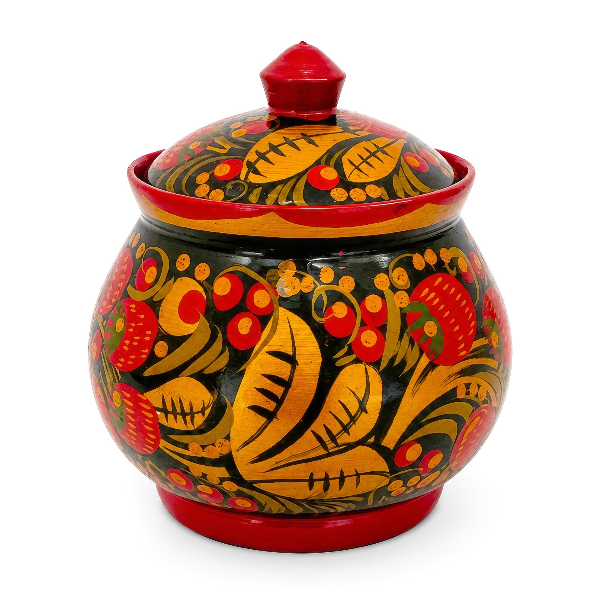 Vintage Russian Khokhloma Hand-Painted Lacquered Wood Salt Cellar and Dip Set, 7