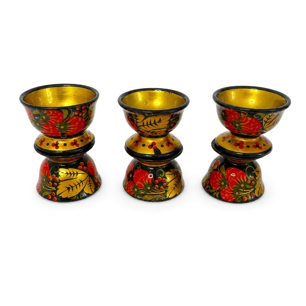 Vintage Russian Khokhloma Hand-Painted Lacquered Wood Salt Cellar and Dip Set, 7