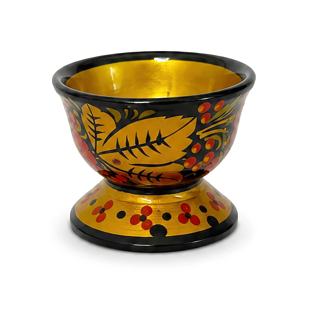 Vintage Russian Khokhloma Hand-Painted Lacquered Wood Salt Cellar and Dip Set, 7