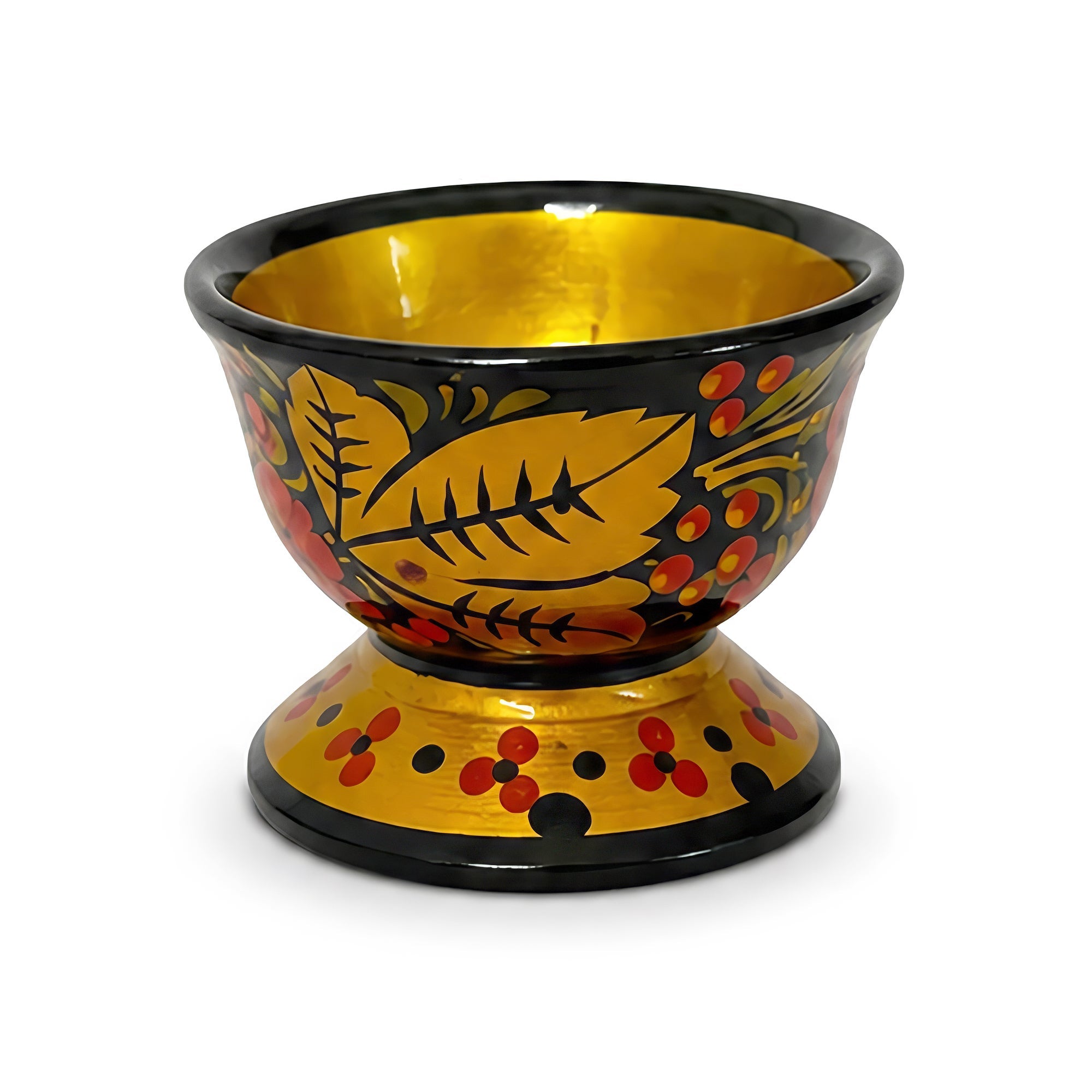Vintage Russian Khokhloma Hand-Painted Lacquered Wood Salt Cellar and Dip Set, 7