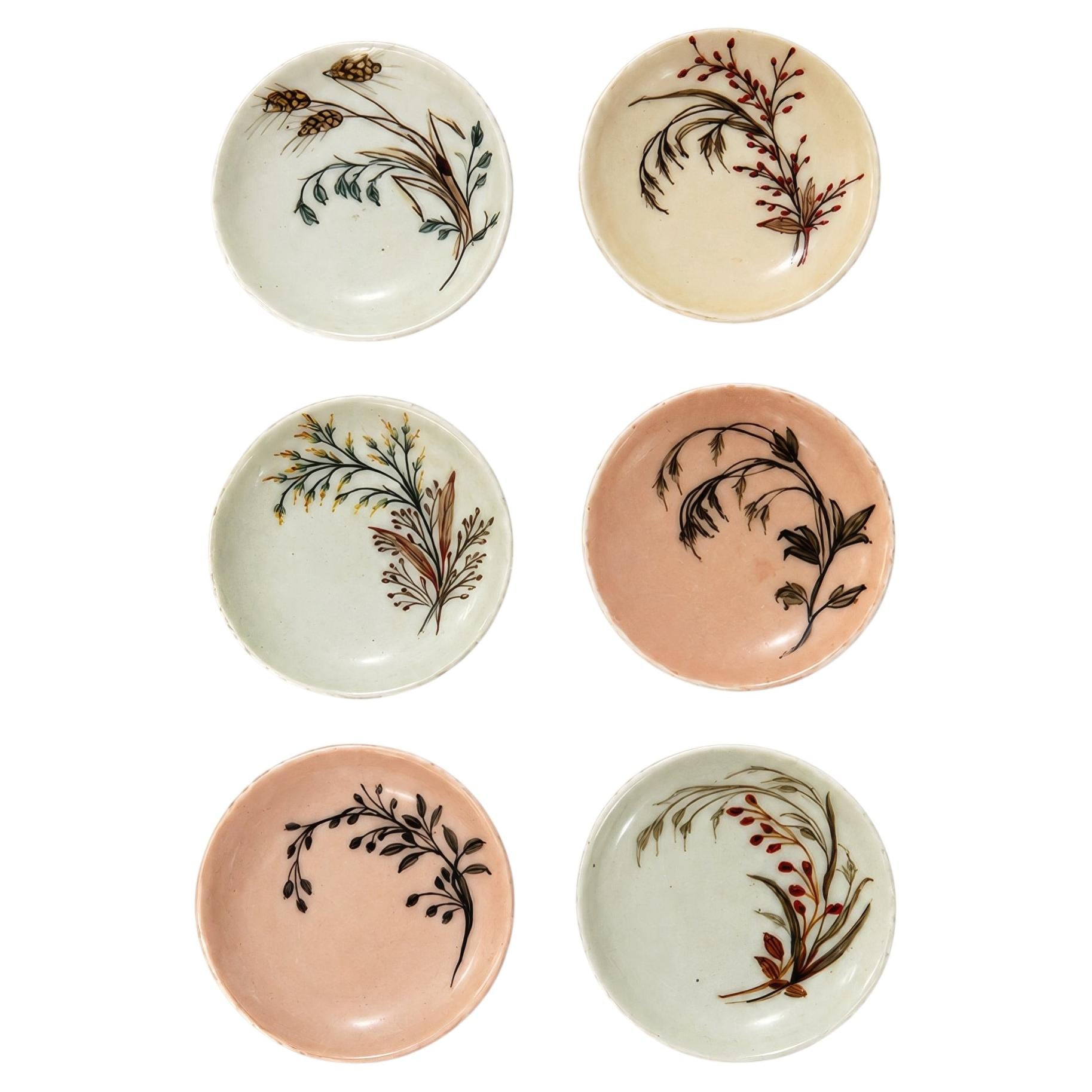 Set of Six Antique Haviland Limoges Porcelain Butter Pats with Floral Wheat Patt