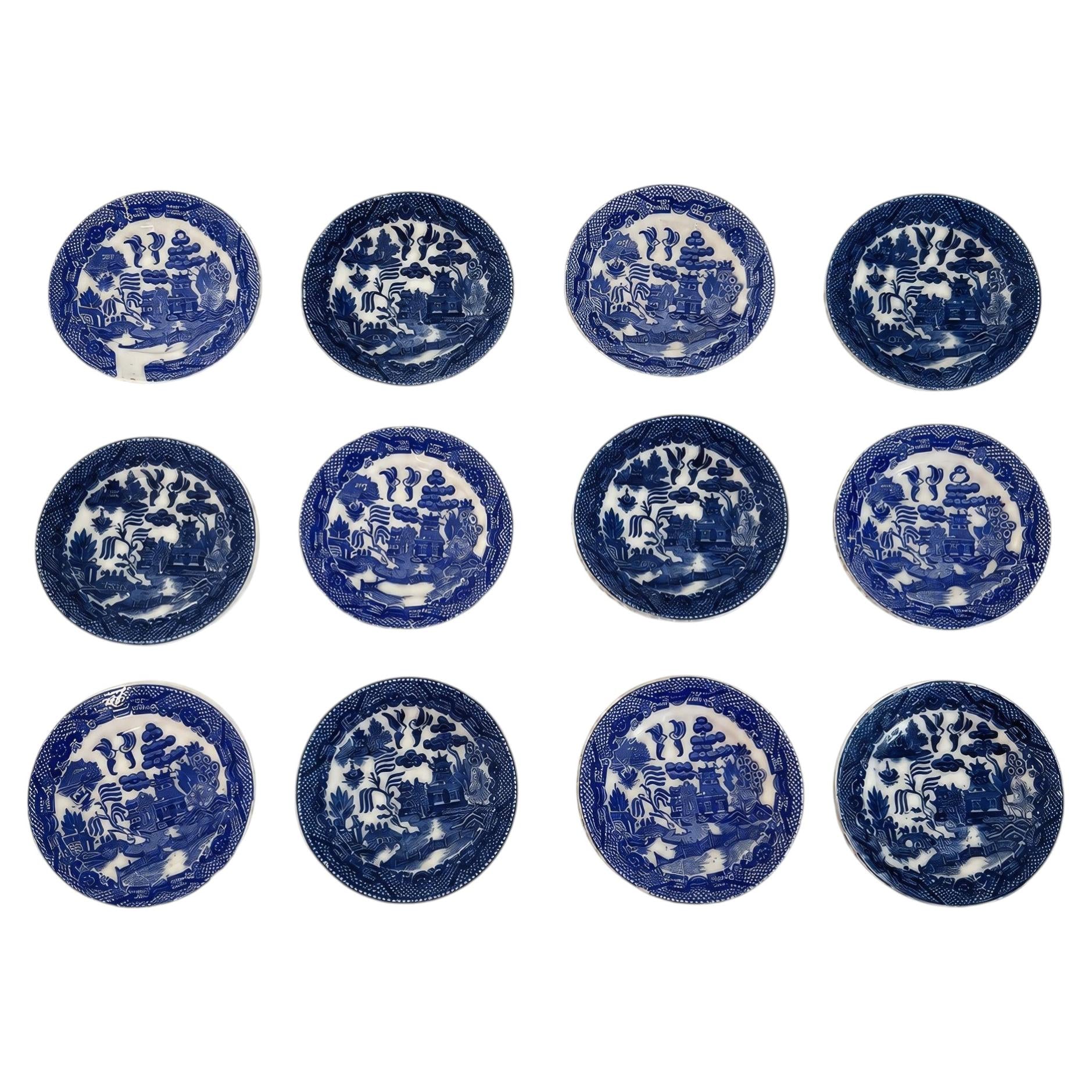 Set of 12 Vintage Japanese Blue Willow Porcelain Butter Pat Dishes