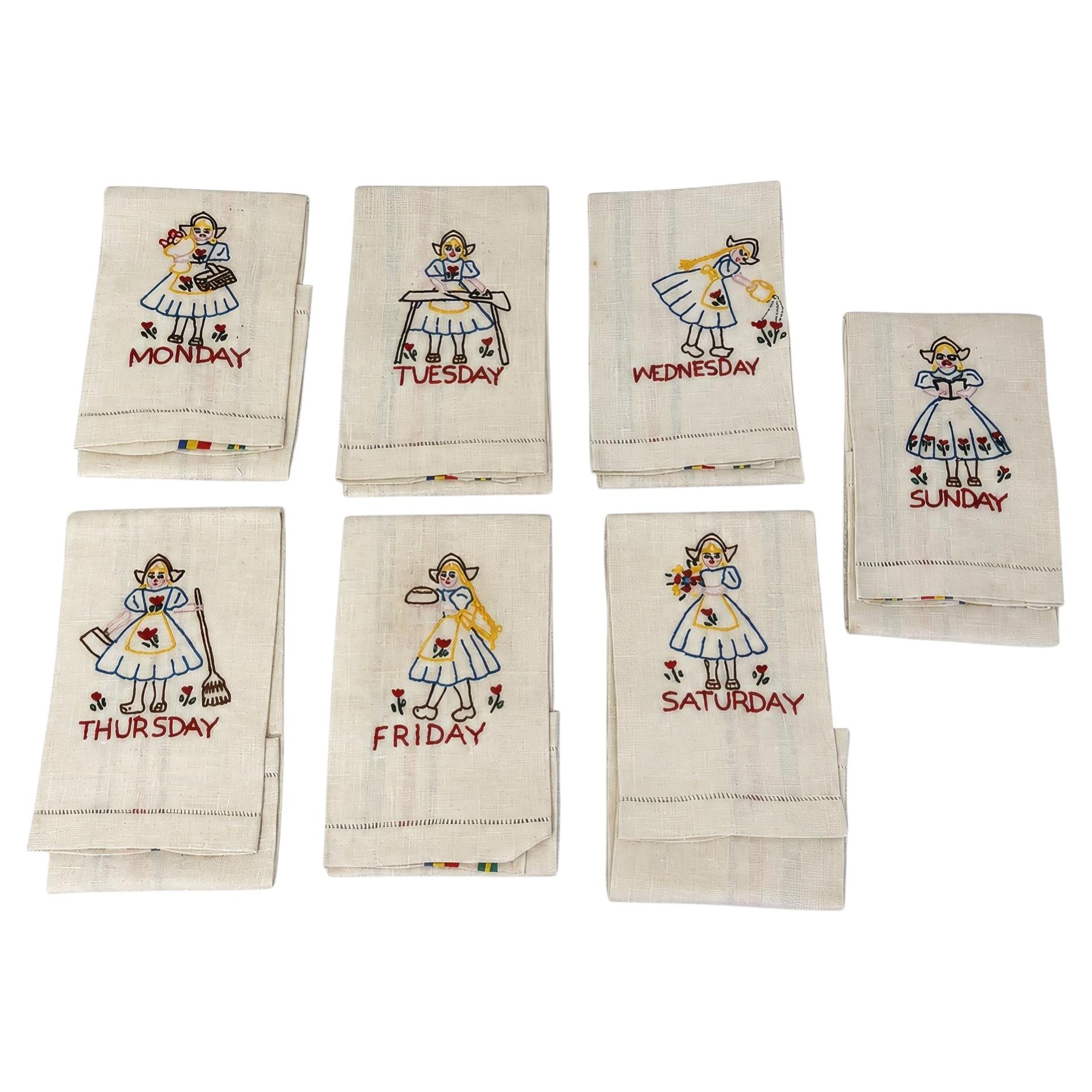 Vintage Dutch Girl Days of the Week towels, complete set of seven