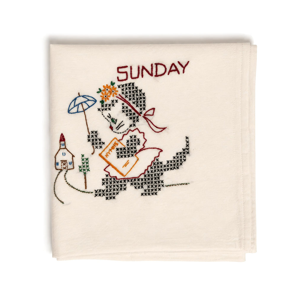 Antique Set of Seven Days of the Week Towels, Embroidered Cotton