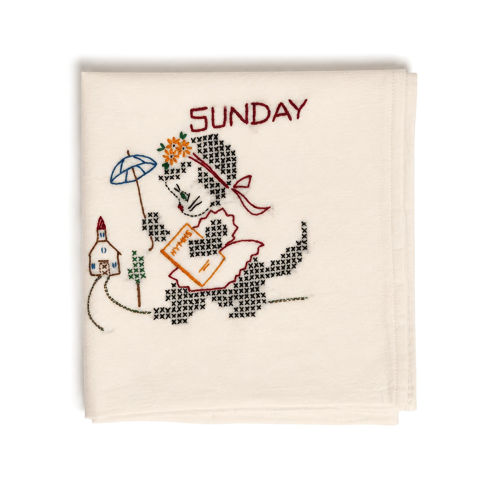 Antique Set of Seven Days of the Week Towels, Embroidered Cotton