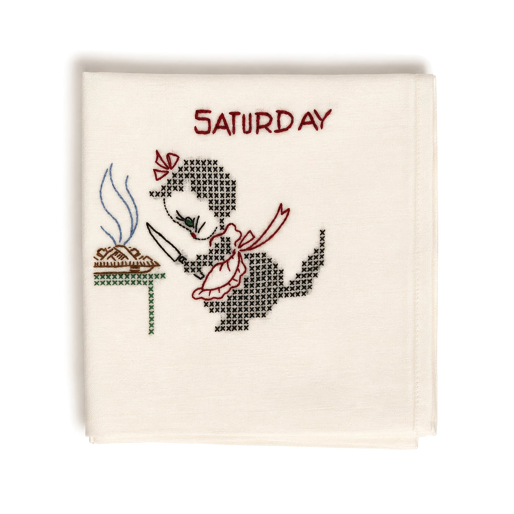 Antique Set of Seven Days of the Week Towels, Embroidered Cotton