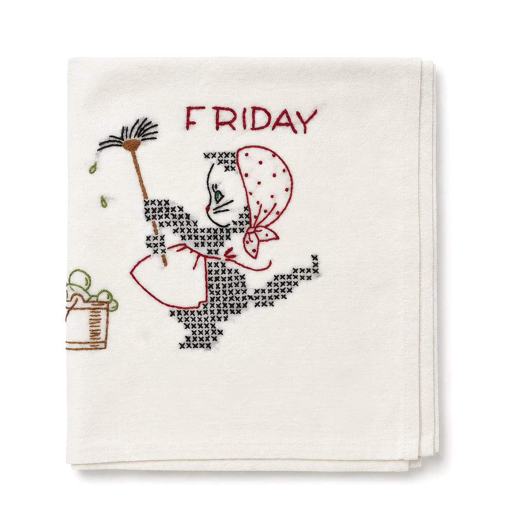 Antique Set of Seven Days of the Week Towels, Embroidered Cotton