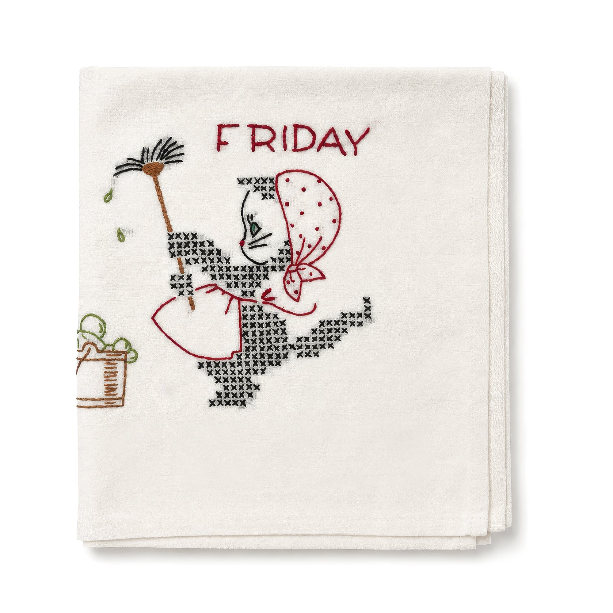 Antique Set of Seven Days of the Week Towels, Embroidered Cotton