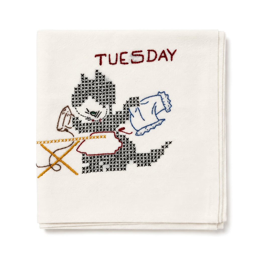 Antique Set of Seven Days of the Week Towels, Embroidered Cotton