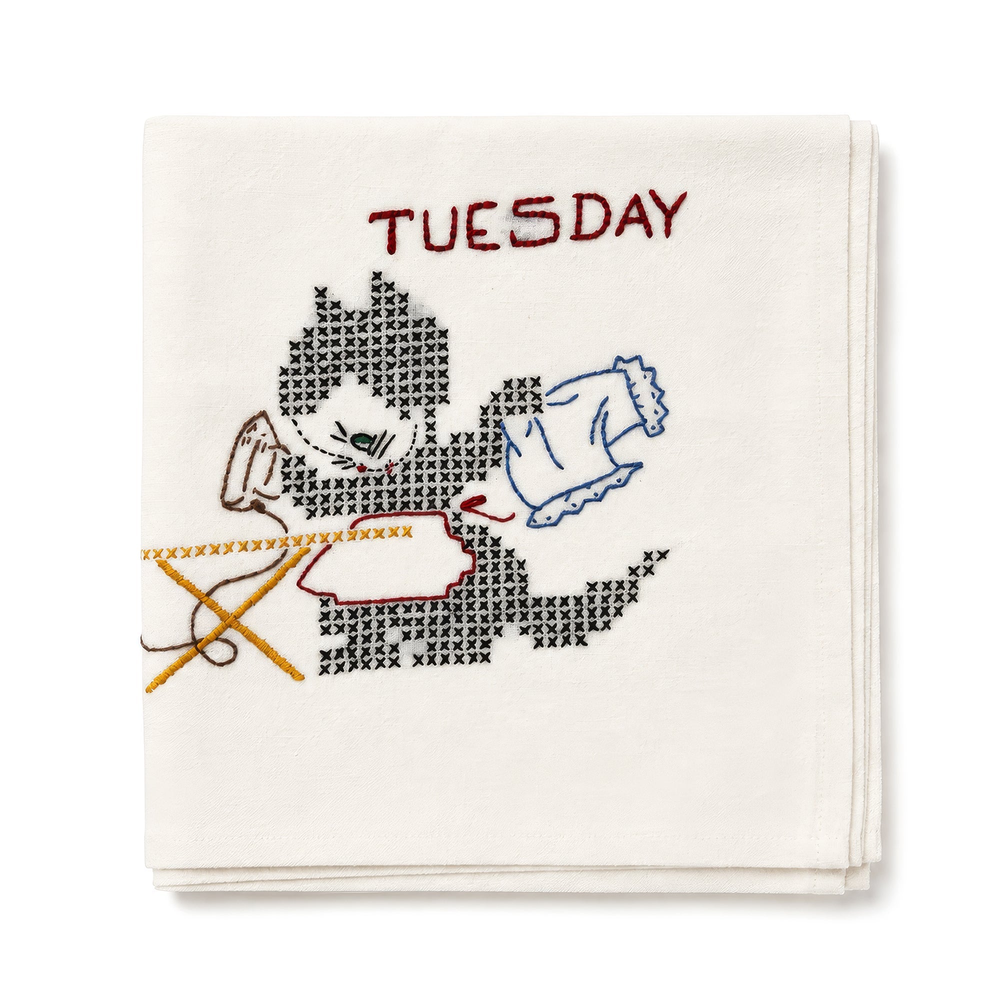 Antique Set of Seven Days of the Week Towels, Embroidered Cotton