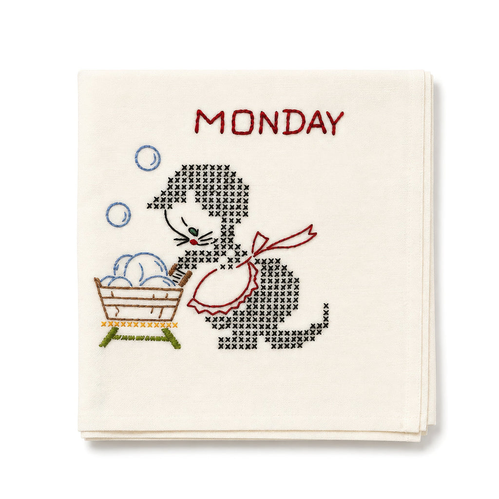 Antique Set of Seven Days of the Week Towels, Embroidered Cotton