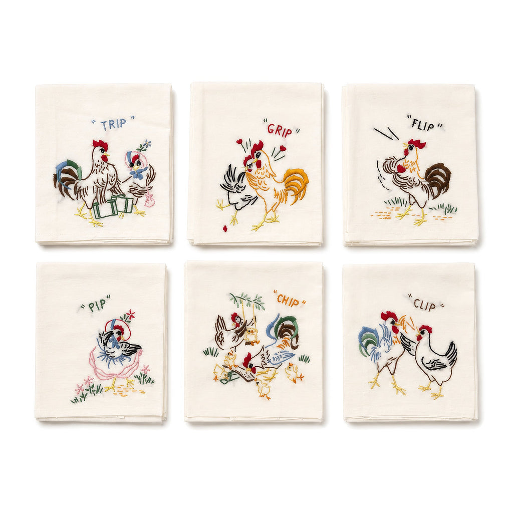 Vintage 1940–1950 Hand-Embroidered Chicken and Rooster Kitchen Towels