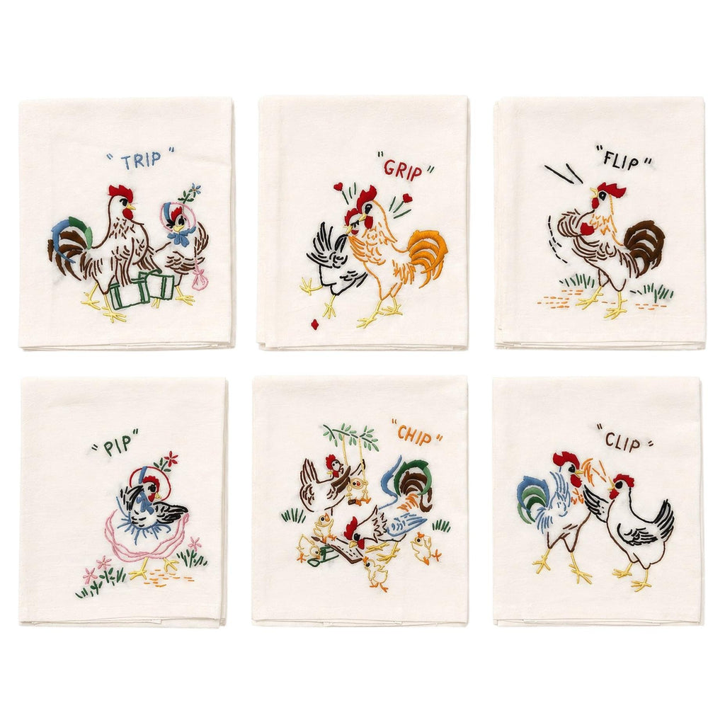 Vintage 1940–1950 Hand-Embroidered Chicken and Rooster Kitchen Towels