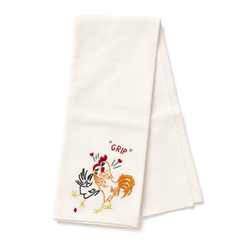 Vintage 1940–1950 Hand-Embroidered Chicken and Rooster Kitchen Towels