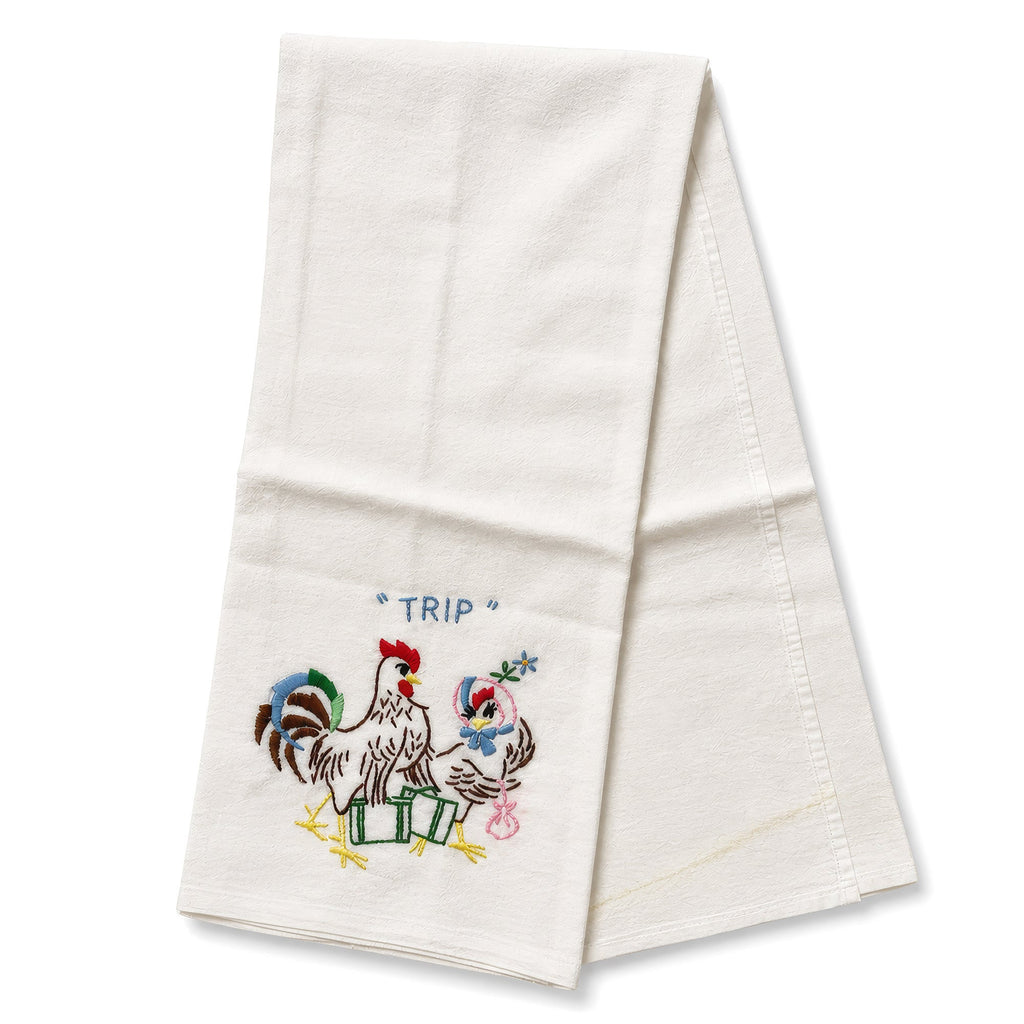 Vintage 1940–1950 Hand-Embroidered Chicken and Rooster Kitchen Towels