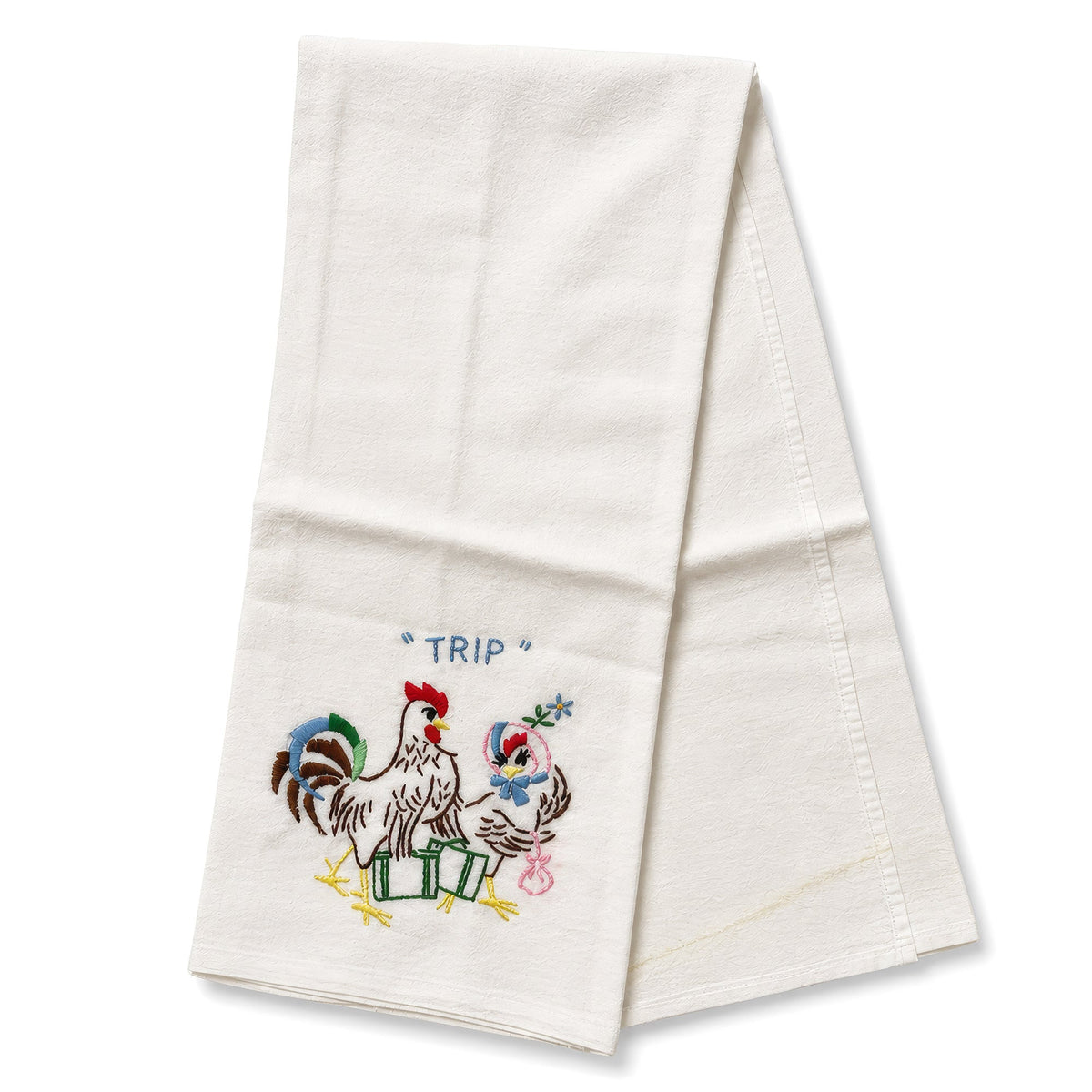 Vintage 1940–1950 Hand-Embroidered Chicken and Rooster Kitchen Towels