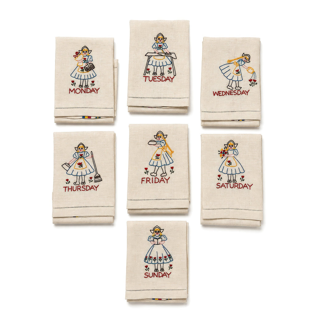 Vintage Dutch Girl Kitchen Towels Set, Hand-Embroidered Folk Art