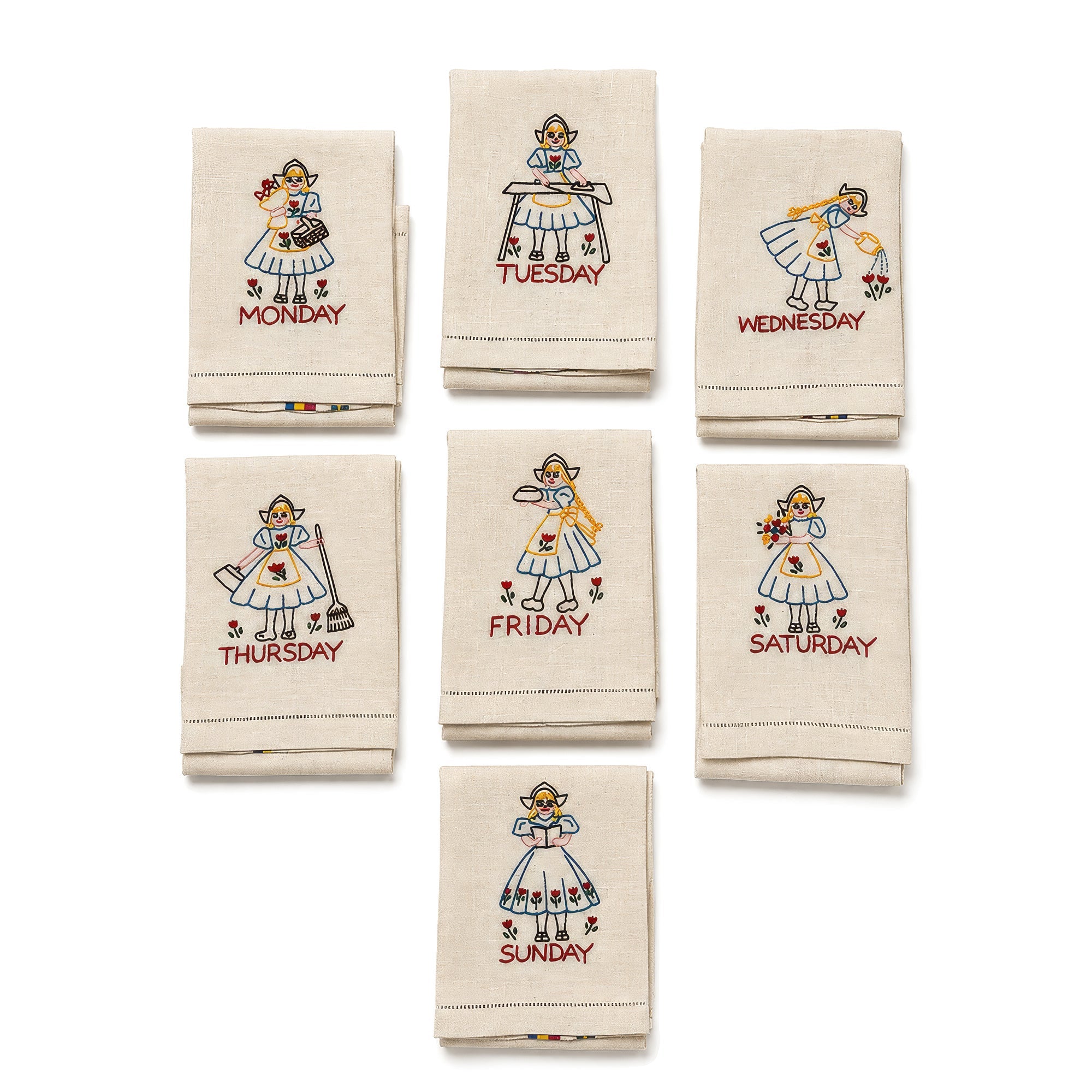 Vintage Dutch Girl Kitchen Towels Set, Hand-Embroidered Folk Art