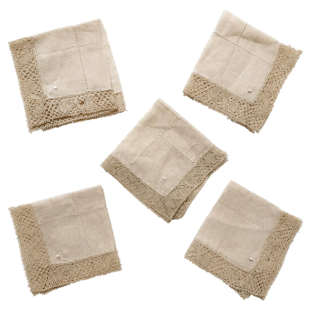Set of Five Antique Cocktail Napkins, Lace and Hemstitch Detail, 1920s