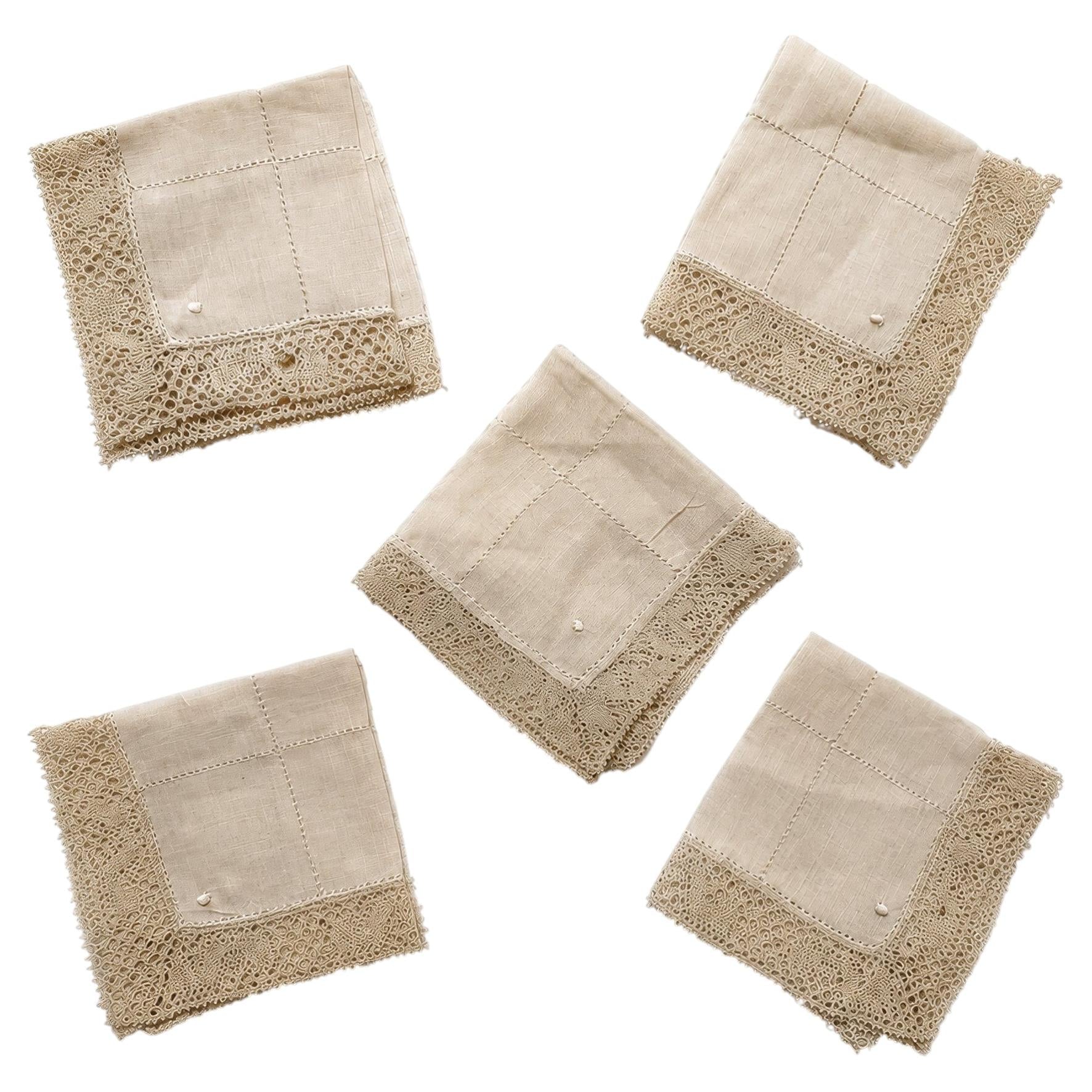 Set of Five Antique Cocktail Napkins, Lace and Hemstitch Detail, 1920s