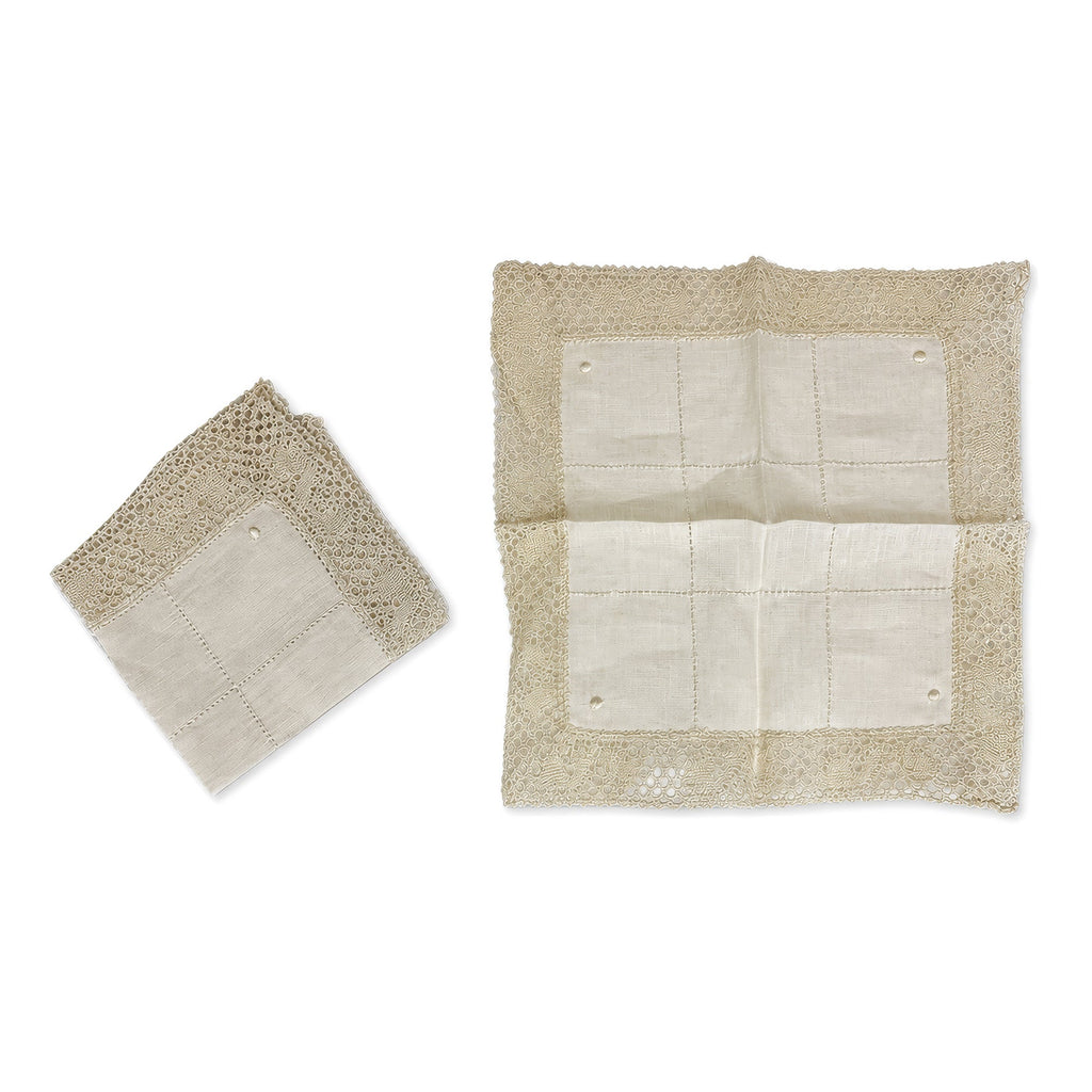 Set of Five Antique Cocktail Napkins, Lace and Hemstitch Detail, 1920s