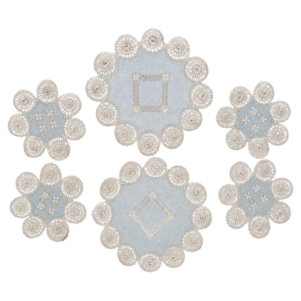 Set of Six Antique Blue and White Linen Tenerife Drawn-Work Embroidery Doilies