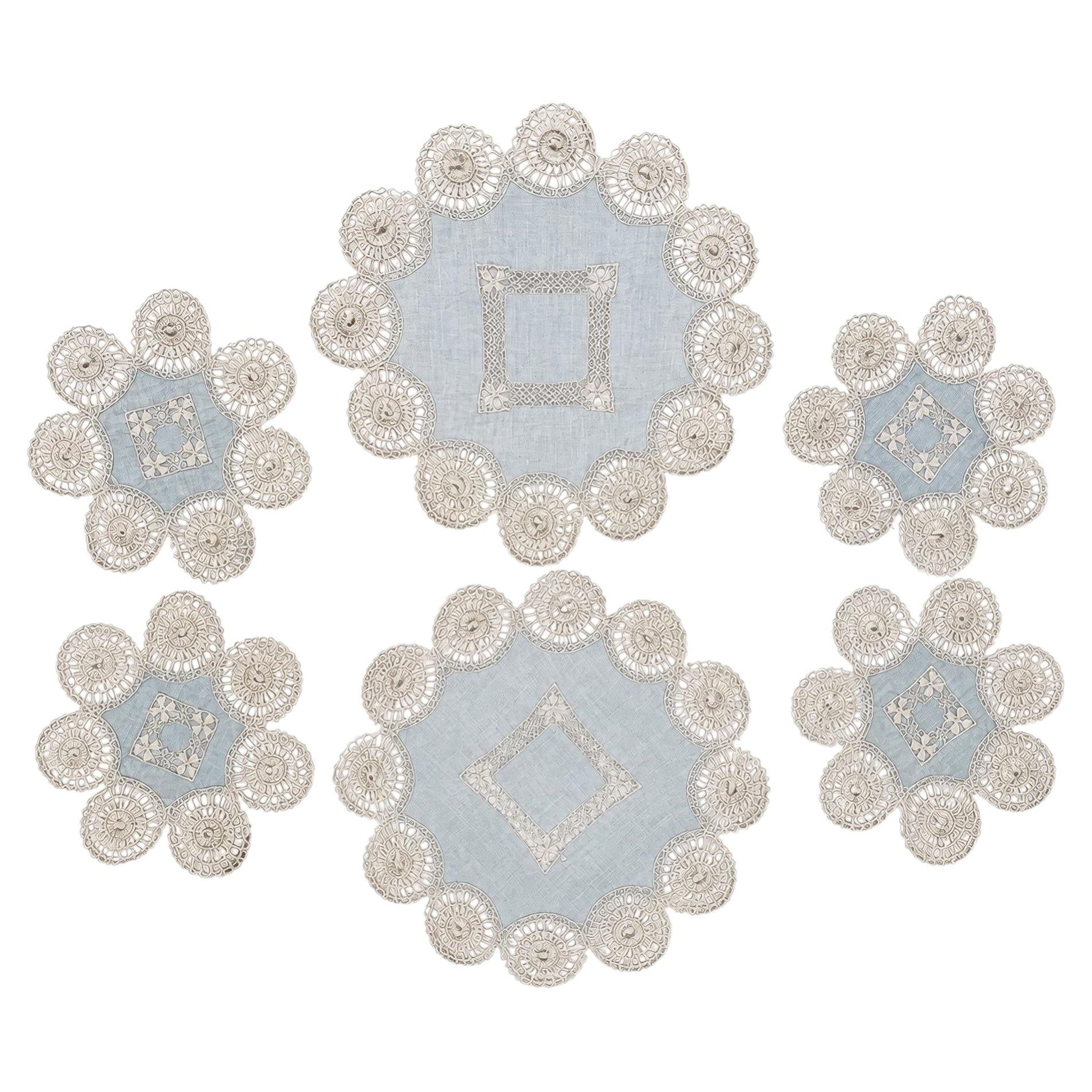 Set of Six Antique Blue and White Linen Tenerife Drawn-Work Embroidery Doilies