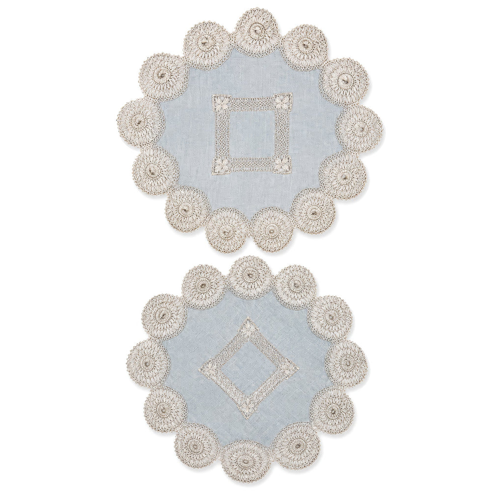 Set of Six Antique Blue and White Linen Tenerife Drawn-Work Embroidery Doilies
