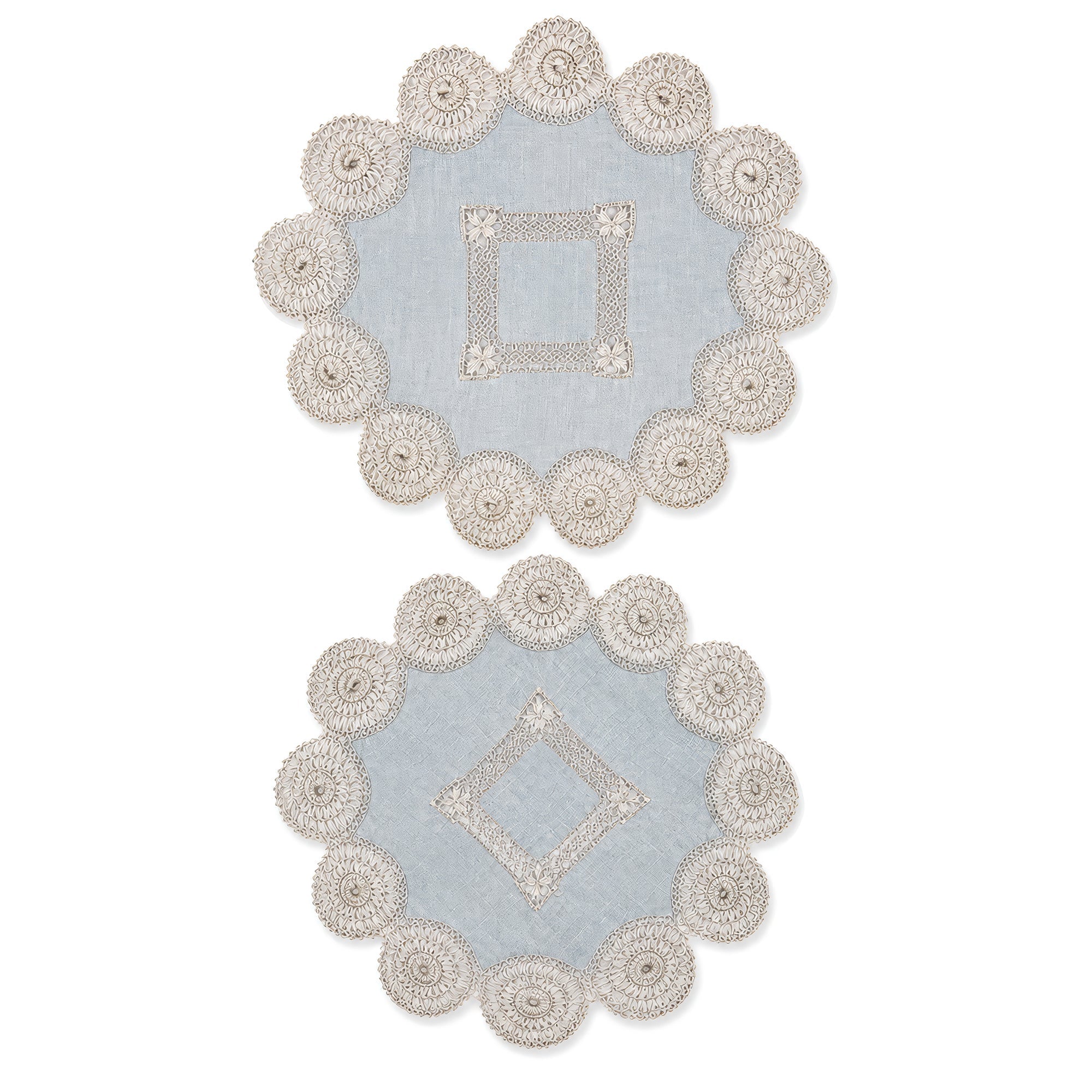 Set of Six Antique Blue and White Linen Tenerife Drawn-Work Embroidery Doilies