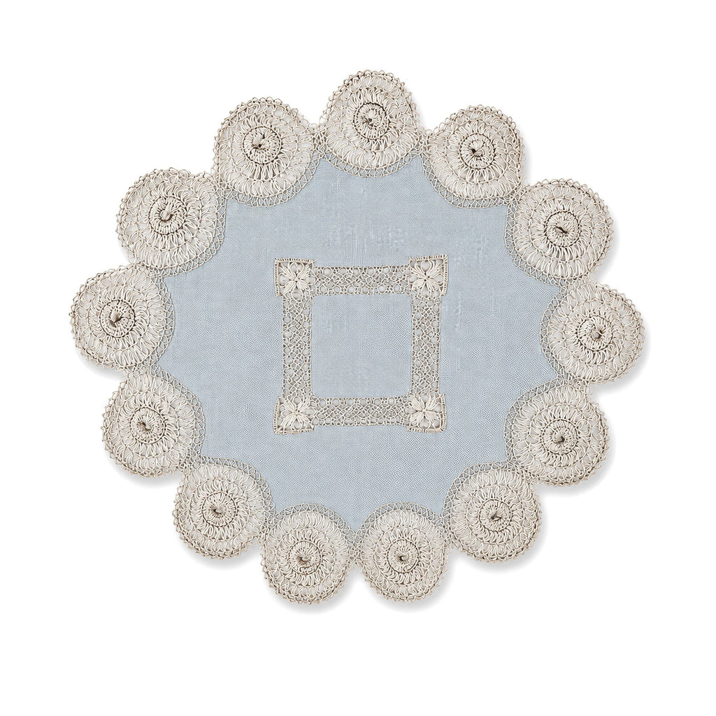 Set of Six Antique Blue and White Linen Tenerife Drawn-Work Embroidery Doilies