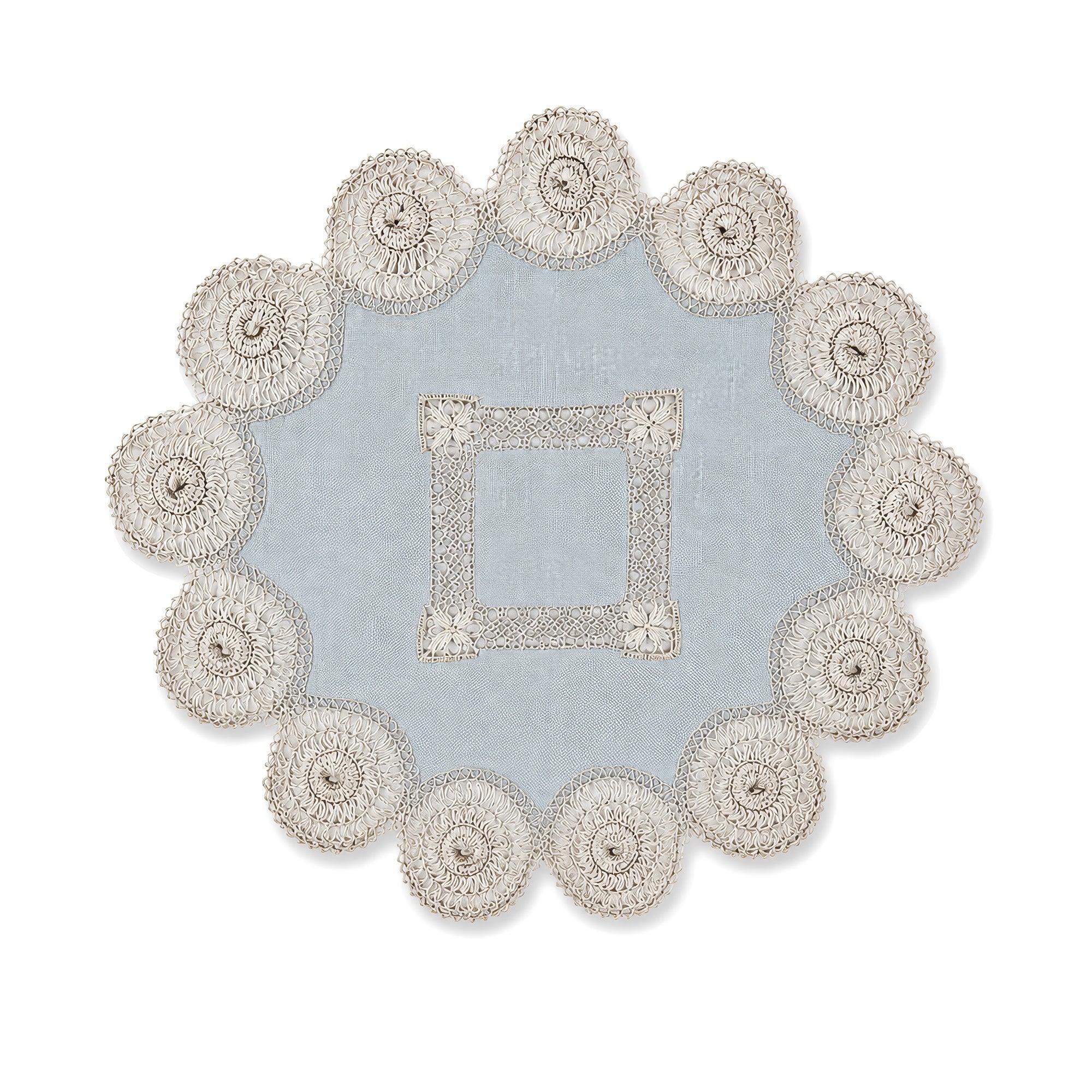 Set of Six Antique Blue and White Linen Tenerife Drawn-Work Embroidery Doilies