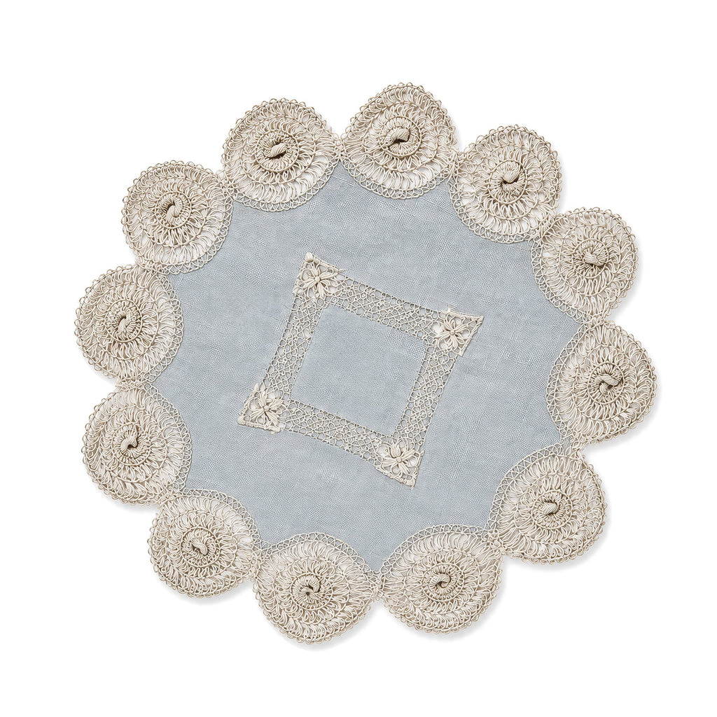 Set of Six Antique Blue and White Linen Tenerife Drawn-Work Embroidery Doilies