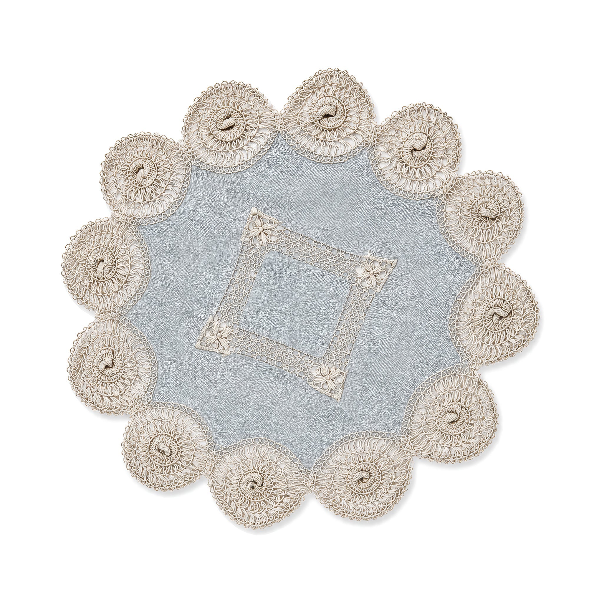 Set of Six Antique Blue and White Linen Tenerife Drawn-Work Embroidery Doilies